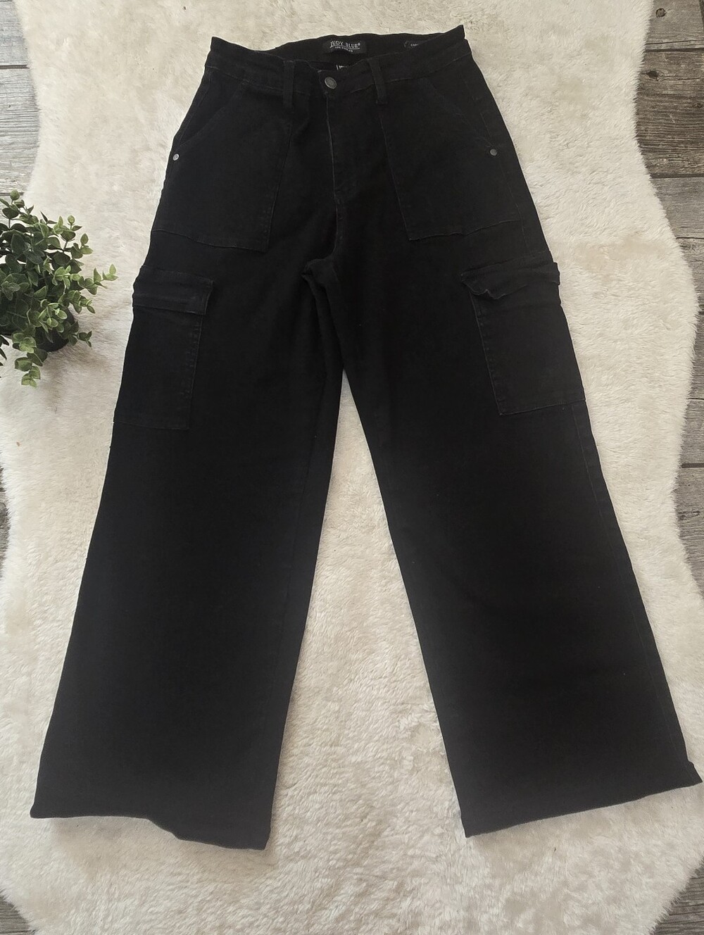 Judy Blue Black High-Rise Cargo Wide Leg Skater Stretch Utility Jeans, 11/30